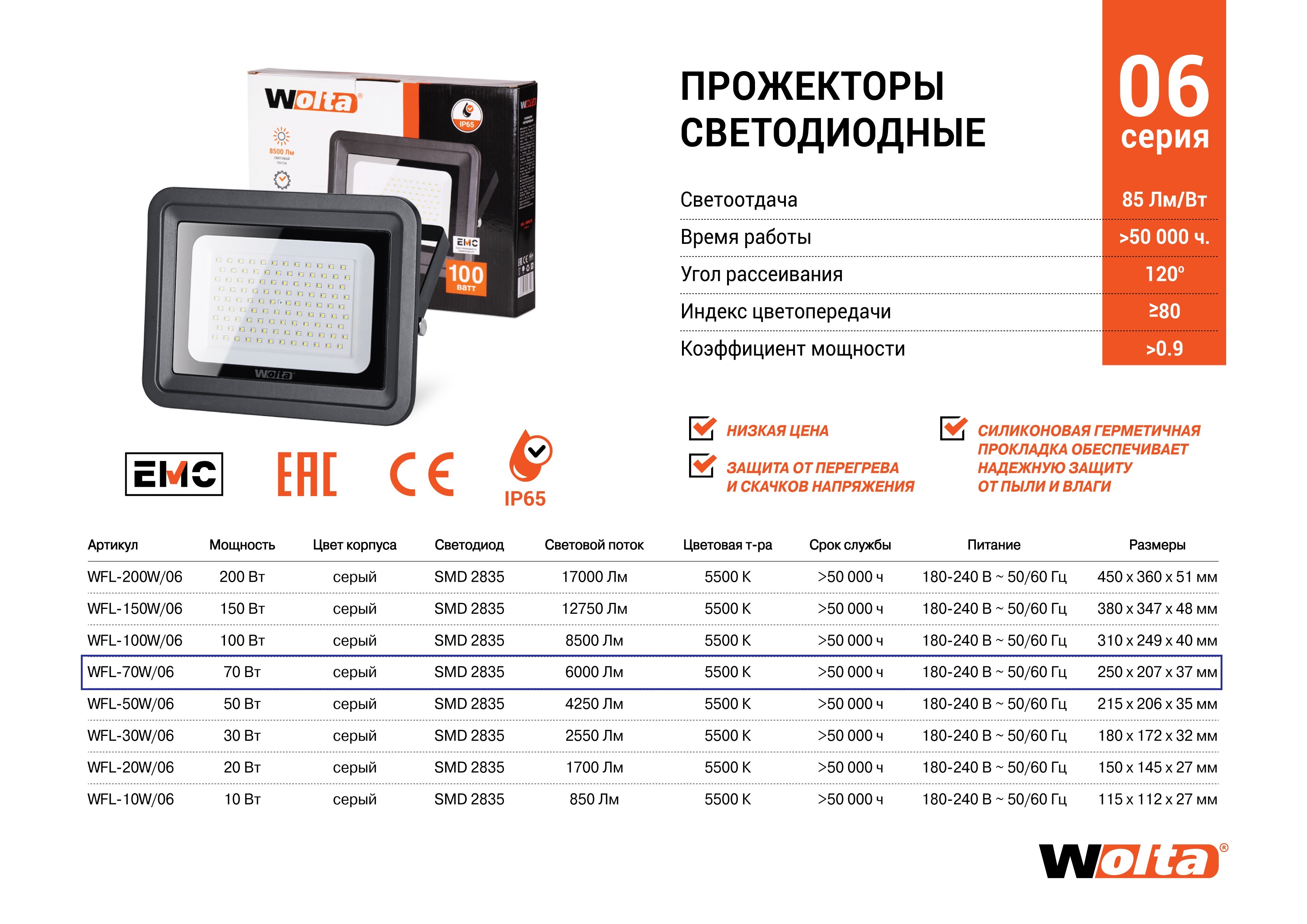 Светодиодный прожектор WOLTA WFL-70W/06 70Вт 6000лм 5500К IP65